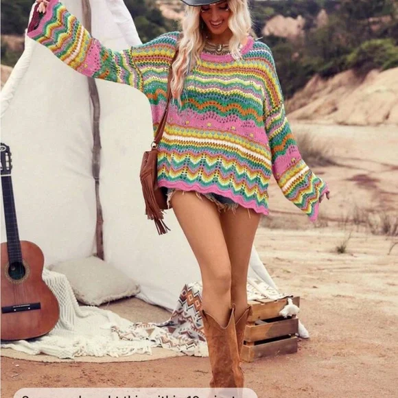 Boho Crocket Bell Sleeve Chevron Color Block Stripe Knit Sweater Top Blouse - Picture 4 of 8